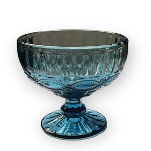 Vintage Embossed Blue Glass Pedestal Dessert, Ice Cream, Candy Dish